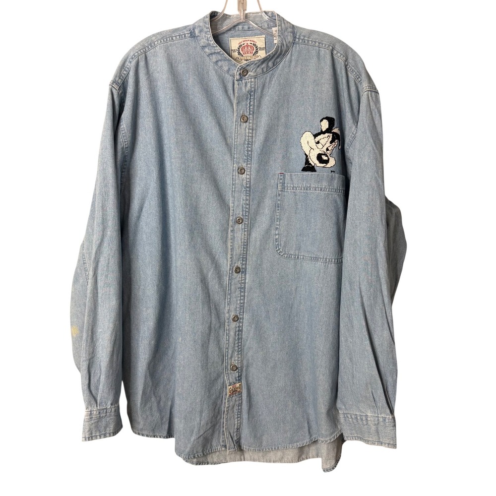 Bugle Boy Denim Shirt Mens L Blue Embroidered Pepe Le Pew Vintage 90s Cotton